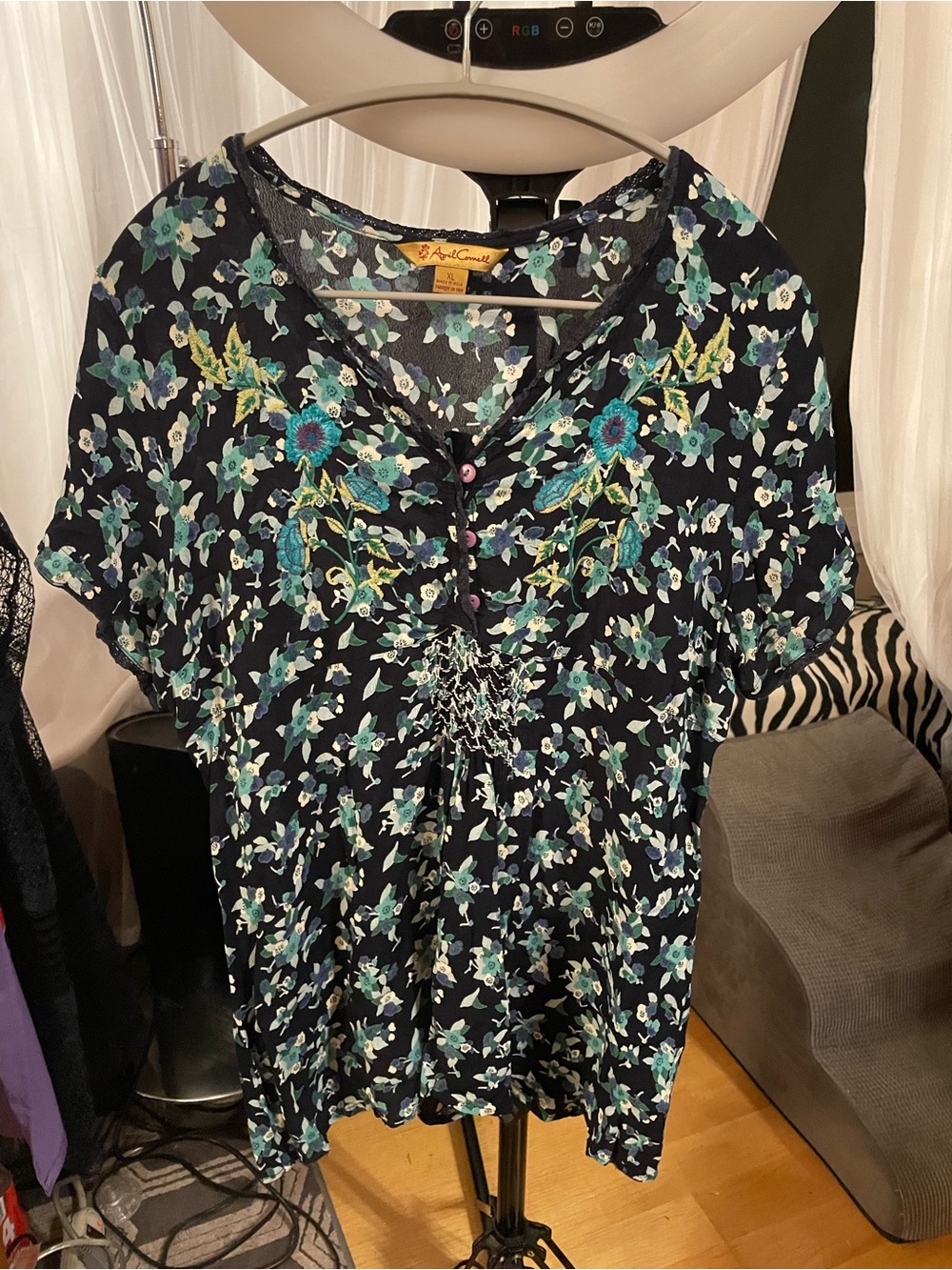 April Cornell Navy Floral Short-Sleeve Tunic with Teal Accents